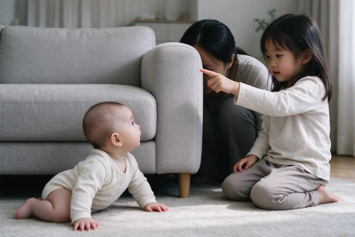 The mother crouched behind the arm of the sofa with only her hair showing, the baby on the floor leaning sideways to look for her, a four-year-old sister kneeling beside the baby pointing.