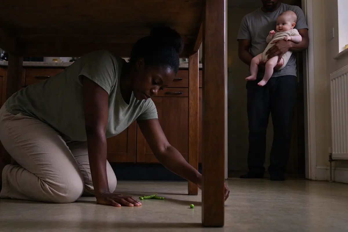 The mother on her hands and knees on the kitchen floor at dusk, reaching under the table for a dropped pea, the baby on the father's hip in the doorway watching her.
