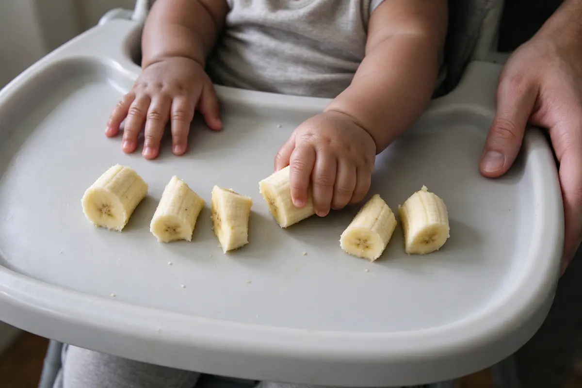 Close on the high-chair tray from the mother's seat: five soft banana pieces, the baby's hand closing on one with the whole fist while the other hand rests flat, the father's hand at the tray edge.