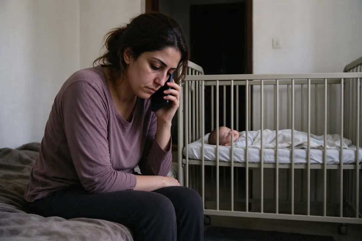 The mother sitting on the edge of the bed holding her phone to her ear and saying nothing, eyes on the floor, listening, the baby asleep in the crib behind her.