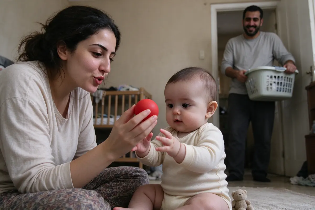 The mother holding up a red ball at the baby's eye level with her lips rounded on a word, the baby reaching for it with both hands, the father in the doorway with a laundry basket.