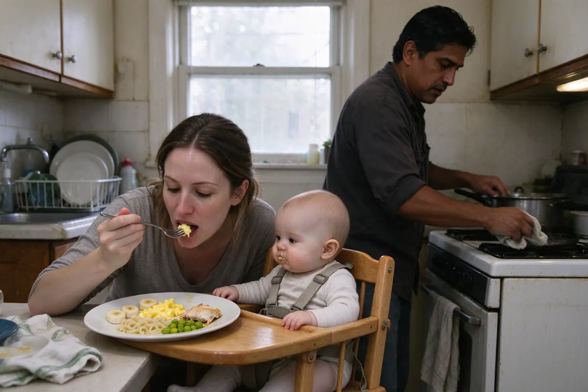 The mother eating from her own plate of the same five foods in bigger pieces, fork in hand, the baby in the high chair beside her chewing with cheeks full, the father clearing the stove.