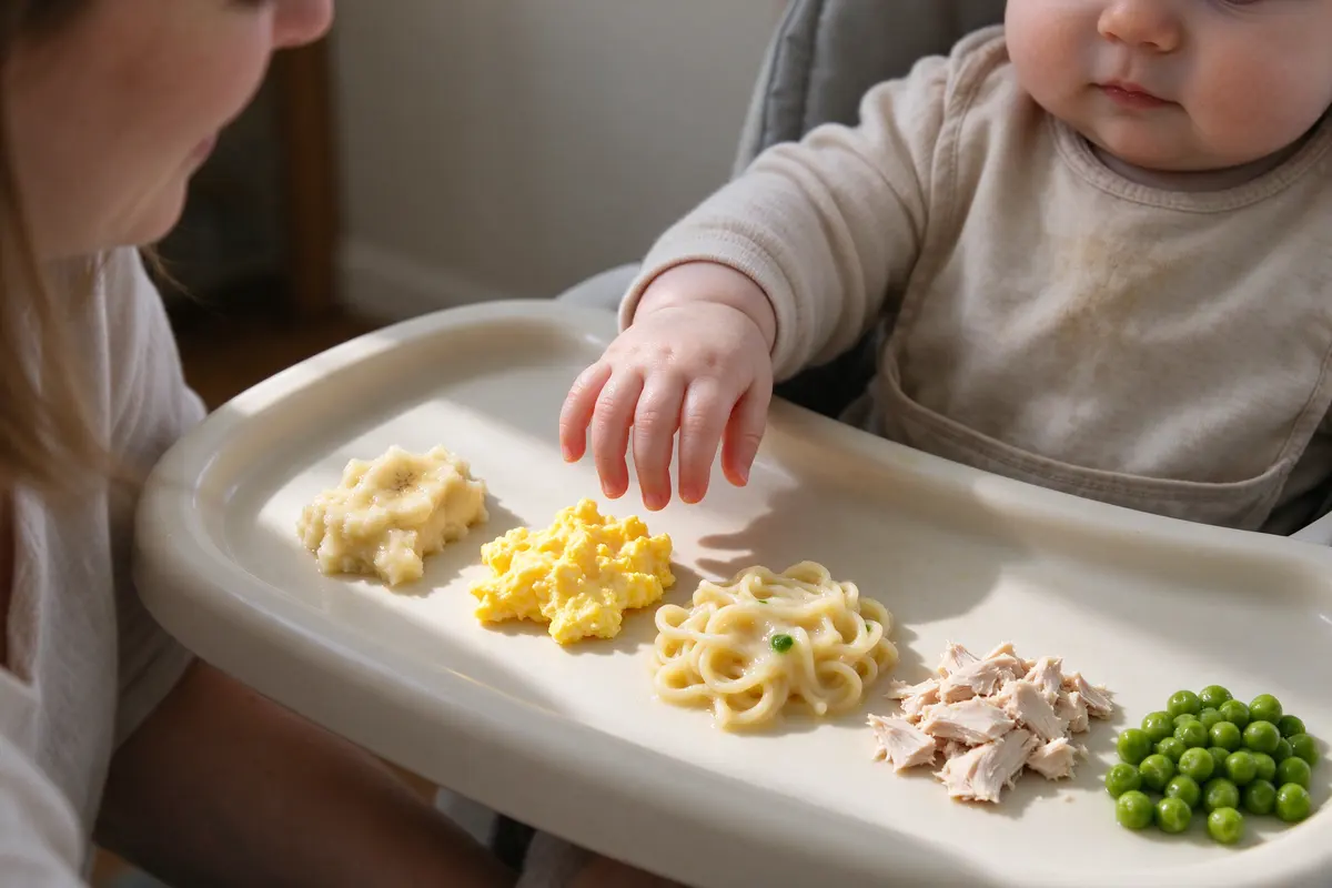 Close on the high-chair tray from the mother's side: five small groups of soft food in a row, banana, scrambled egg, pasta, chopped chicken, peas, the baby's hand hovering over the egg.
