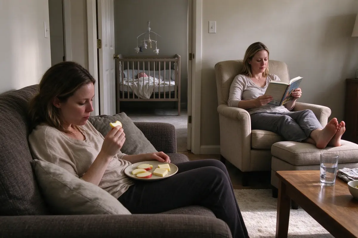 The mother on the sofa in the afternoon eating an apple and cheese from a small plate, the baby asleep in the crib through the open door, her sister reading in the armchair.