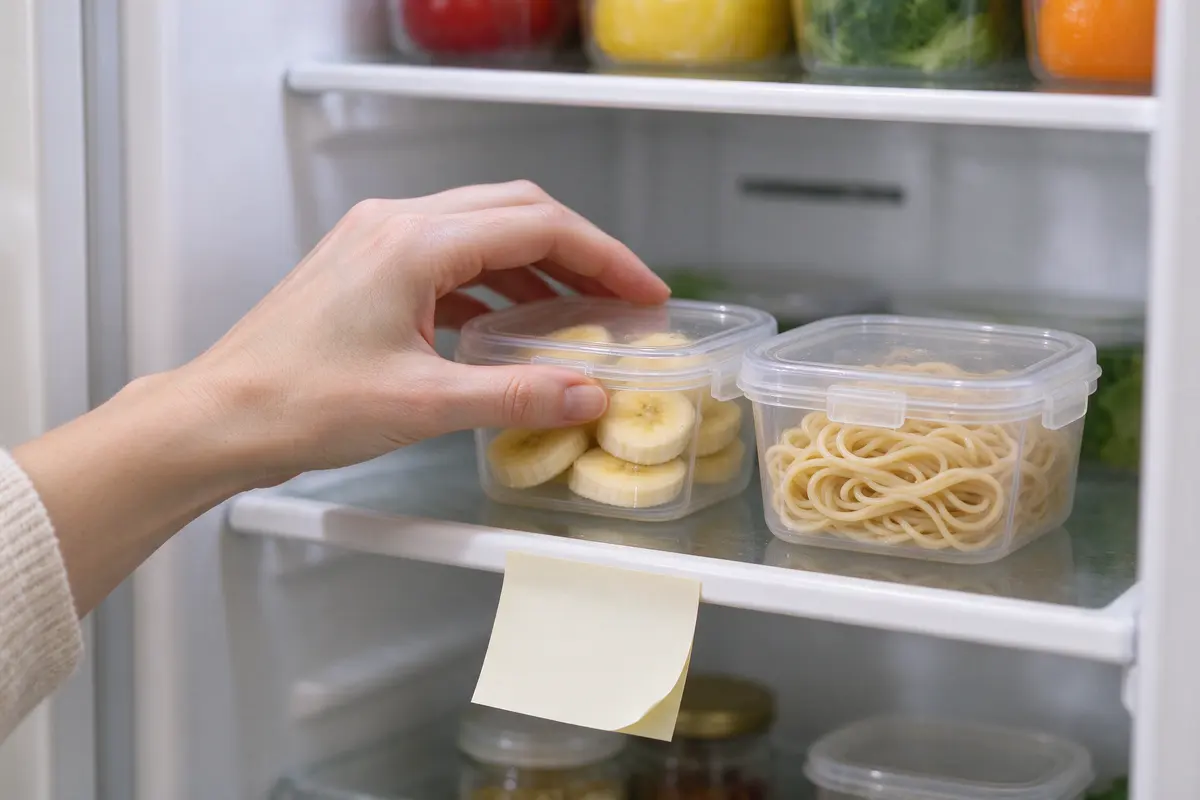 The mother's hand setting two small lidded containers of soft banana and cooked pasta on an eye-level fridge shelf, a sticky note with two times written on it stuck to the shelf edge.