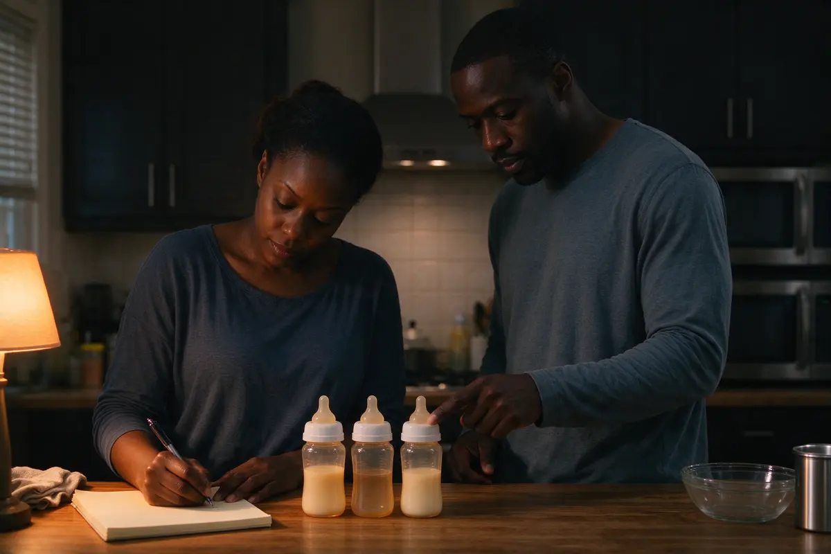 The mother and father at the kitchen counter after bedtime, four bottles lined up between them, the mother writing on a notepad while the father points at one of the bottles.