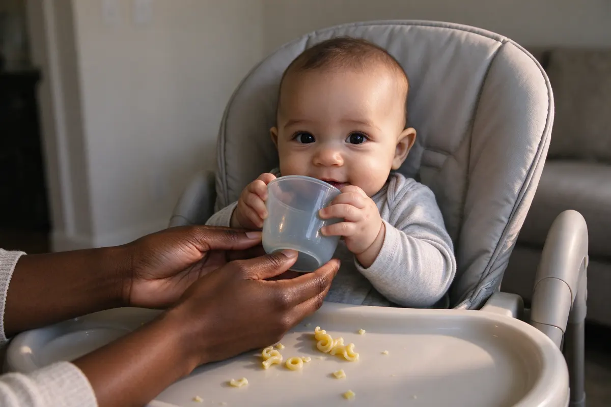 The baby in the high chair gripping a small open cup with both hands while the mother's hands steady its base, a few soft pasta pieces on the tray, late-afternoon light on the table.