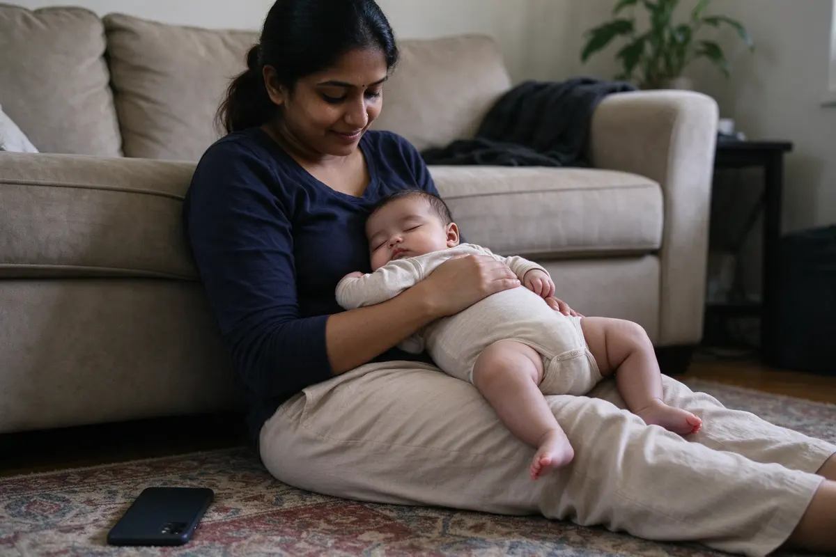 The mother sitting on the rug afterward with her back against the sofa, legs out, the baby asleep across her lap, her phone face down on the floor beside her.