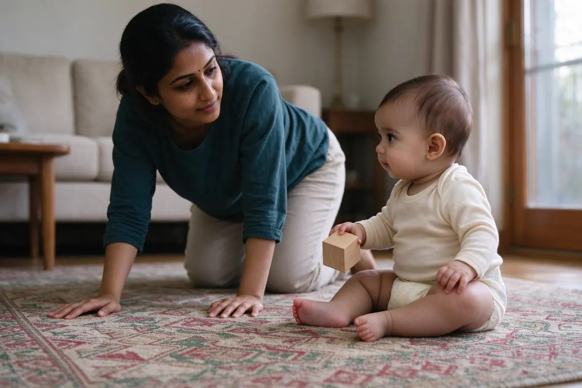 The same mother crawling slowly away across the rug, looking back over her shoulder, the baby scooting after her on their bottom with one leg tucked, a wooden block in one hand.