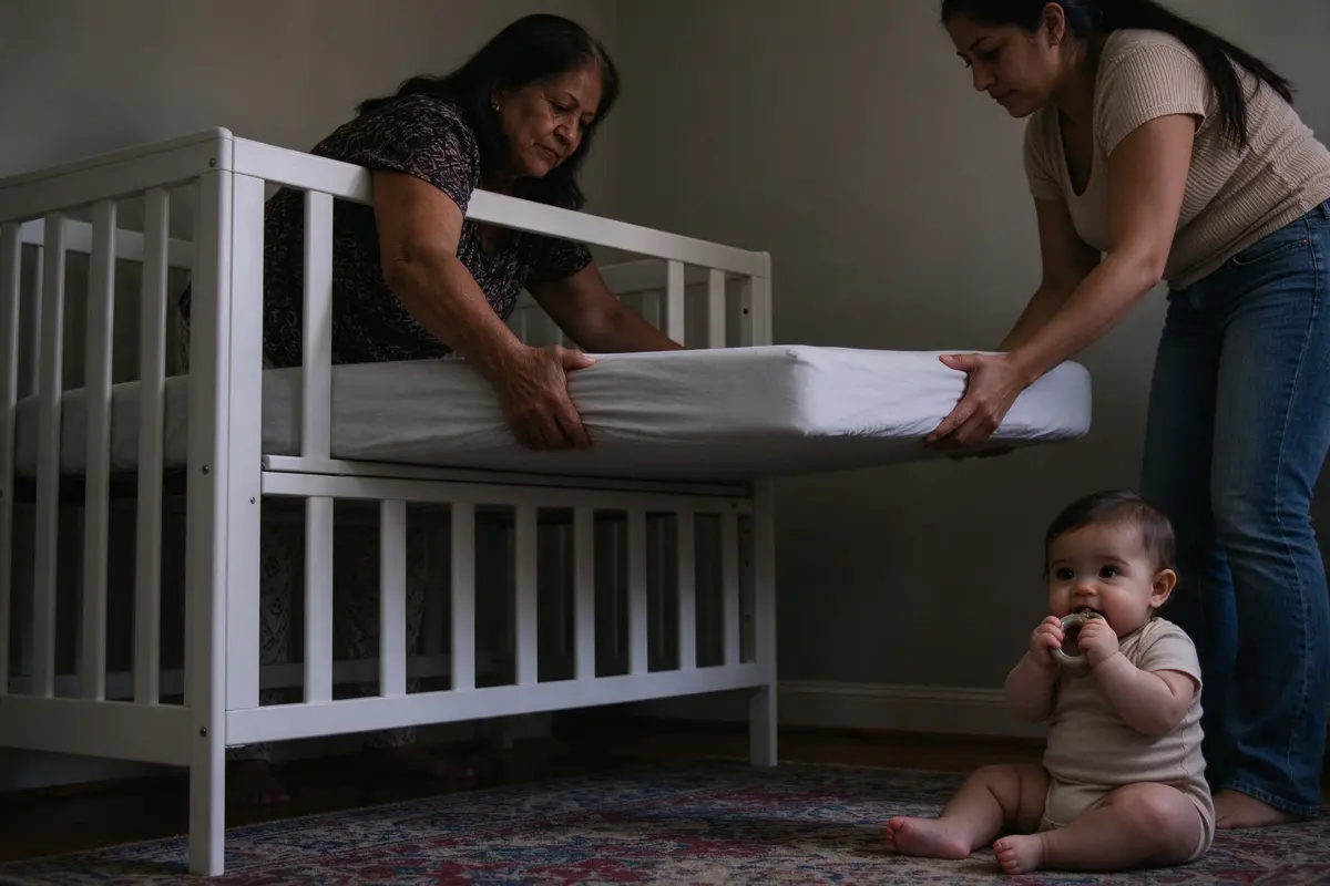 The grandmother and mother lifting a bare crib mattress out together in the evening, the lowest support rail visible, the baby on the floor beside them chewing a teething ring.