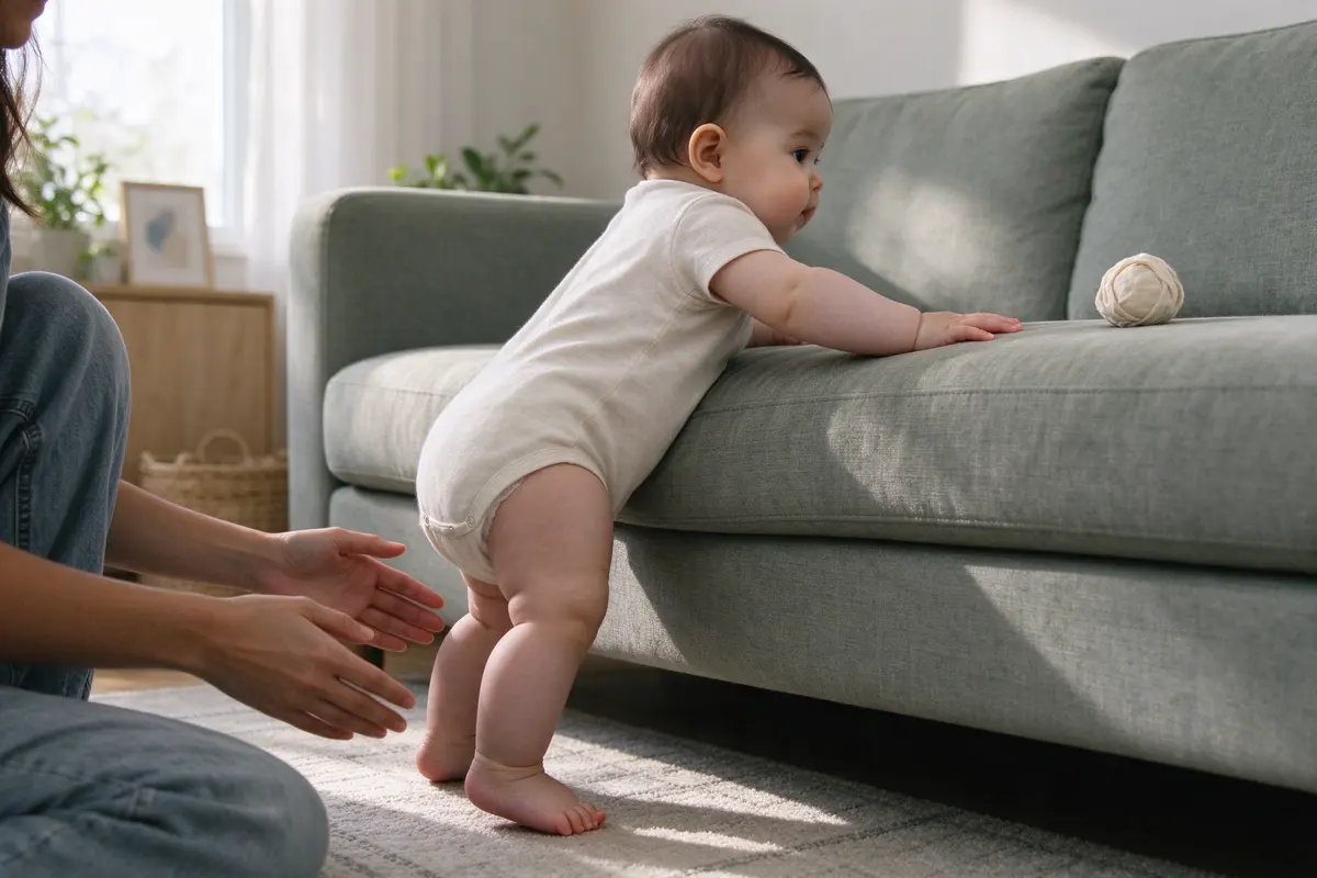 The baby standing at the sofa, hands flat on the cushion, one foot shuffling sideways toward a cloth ball at the far end, the mother's hands open an inch behind their hips.
