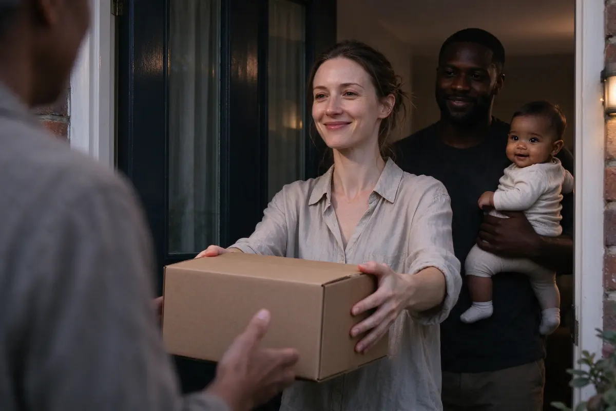 The mother at the front door in the evening, smiling, holding a still-boxed baby walker out to a visiting relative with both hands, the baby on the father's hip behind her.