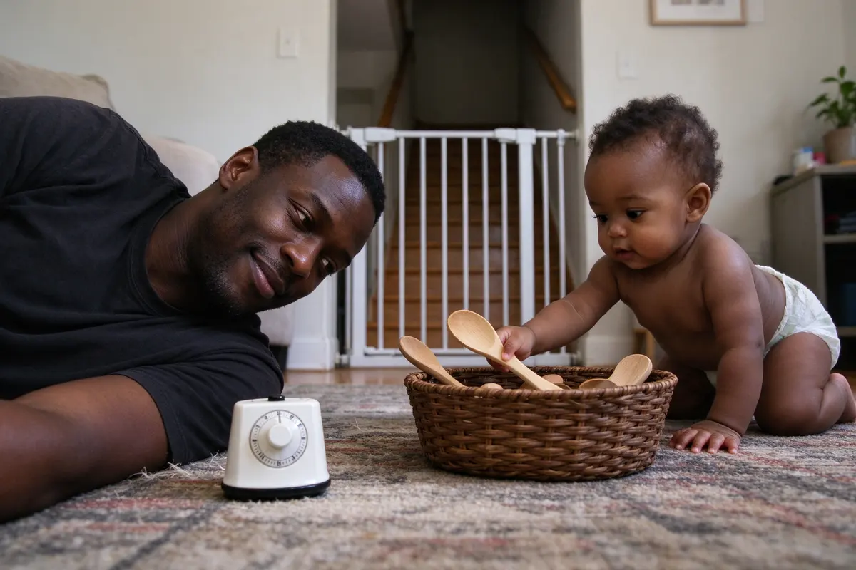 The father lying on his side on the rug, a kitchen timer beside him, the baby on hands and knees pulling a wooden spoon from a low basket, a stair gate closed in the background.