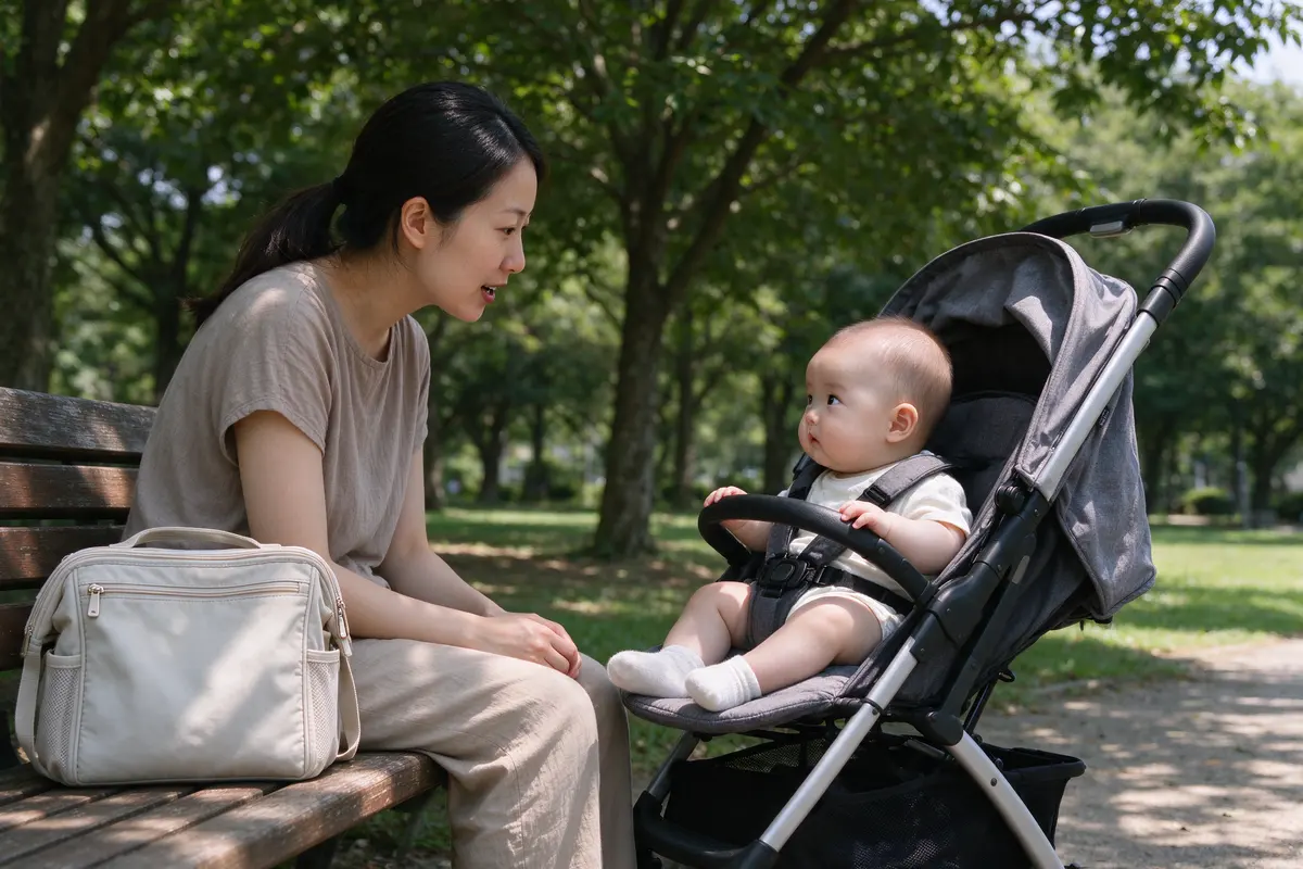 The mother on a park bench at midday talking to the baby in a stroller turned to face her, her phone zipped away in the diaper bag beside her, no screen in the frame.