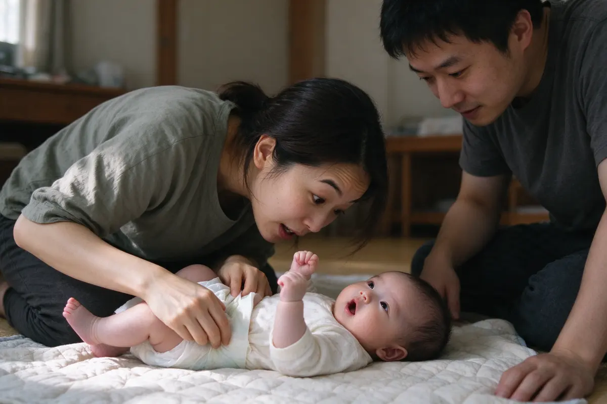 The mother changing the baby on a floor mat, face close and eyebrows high, mid-word, the baby's fist in the air and mouth round, the father crouched at the mat's edge.