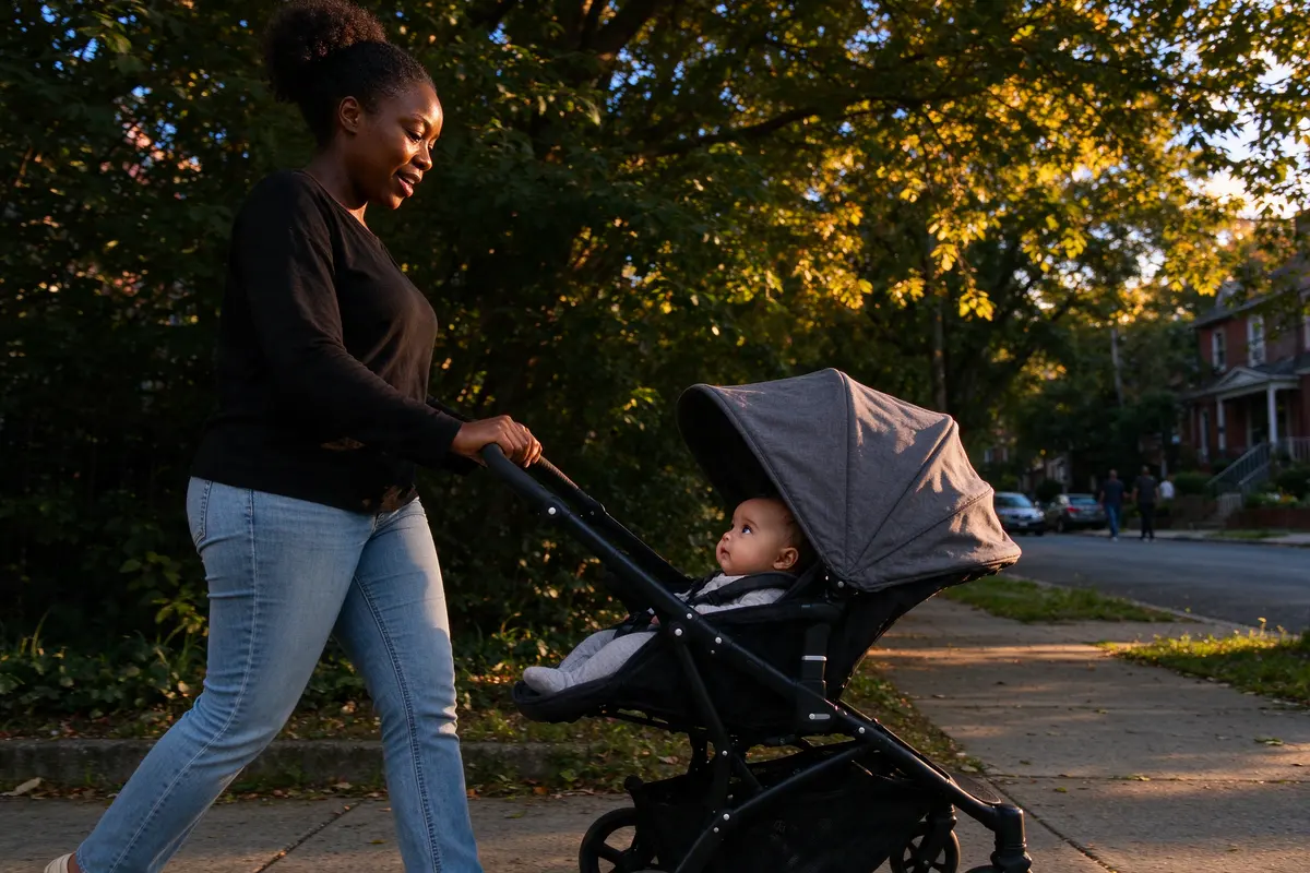 The mother pushing the stroller home along a tree-lined street at golden hour, talking, the baby's face turned up toward her from under the canopy.