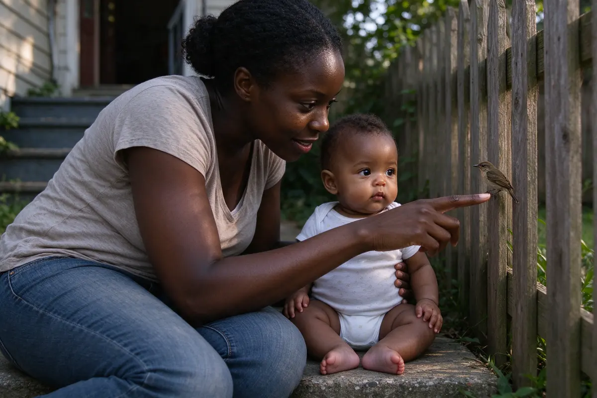 The mother kneeling at the baby's eye level on a front step, her own finger pointing at a bird on a fence, the baby's gaze following the finger, both faces turned the same way.