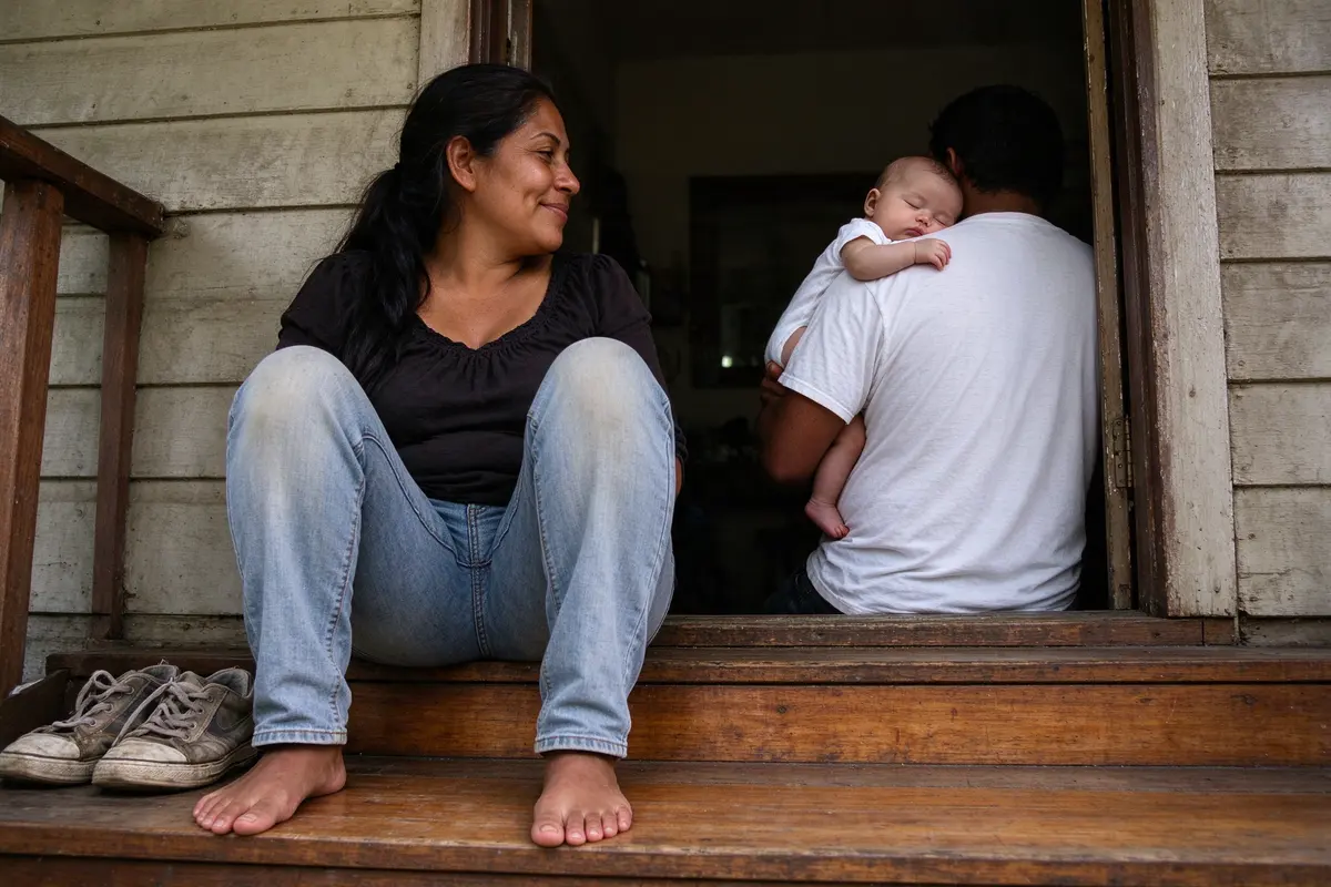 The mother sitting on the porch step with her own bare feet flat on the warm boards, a pair of worn sneakers beside her, the baby asleep on the father's shoulder in the doorway.