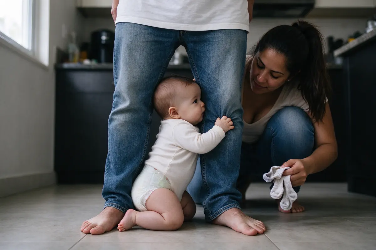 The baby barefoot on a kitchen tile floor, kneeling up against the father's shins and gripping his jeans, toes curled, the mother crouched behind with the discarded socks in hand.