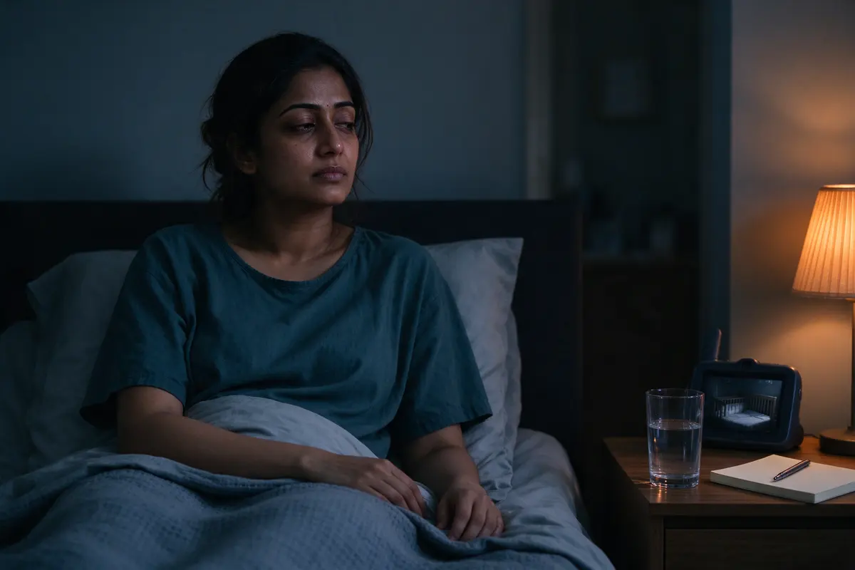 The mother sitting up in bed at 2 a.m. with the lamp on low, a glass of water and a notepad on the nightstand, the baby monitor showing a still crib, her face tired and calm.