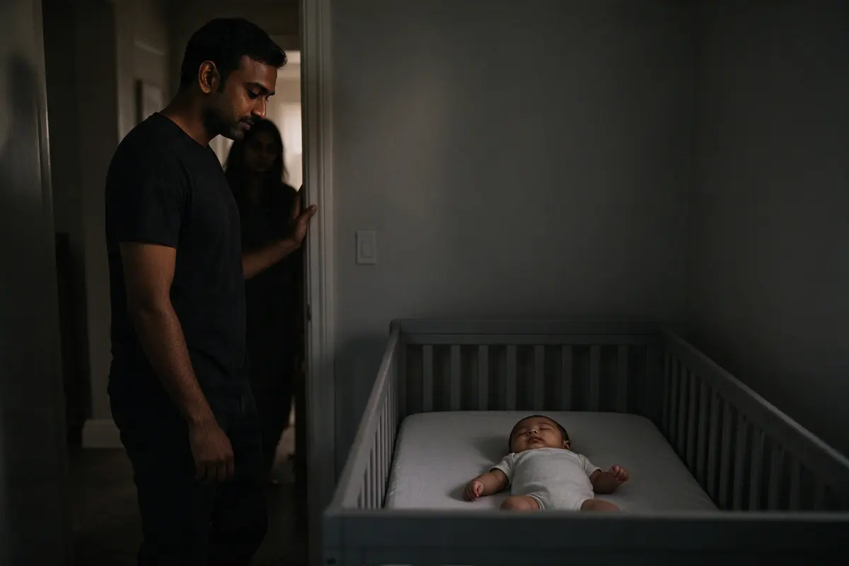 The father in the nursery doorway in low light, half turned to leave, the baby in the bare crib on their back with eyes closing, the mother's silhouette in the hall behind him.