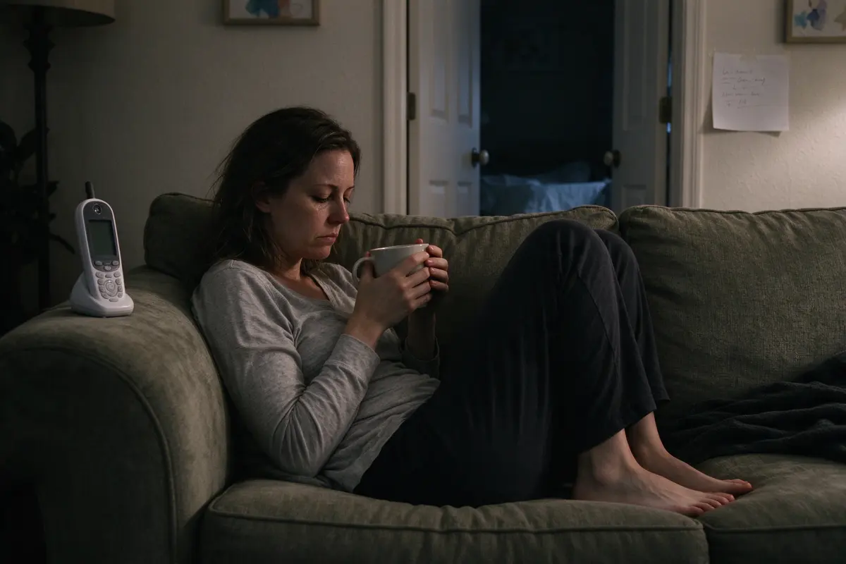 The mother alone on the sofa at night with her feet up and a mug, the written plan taped to the wall by the nursery door behind her, the monitor quiet on the armrest.
