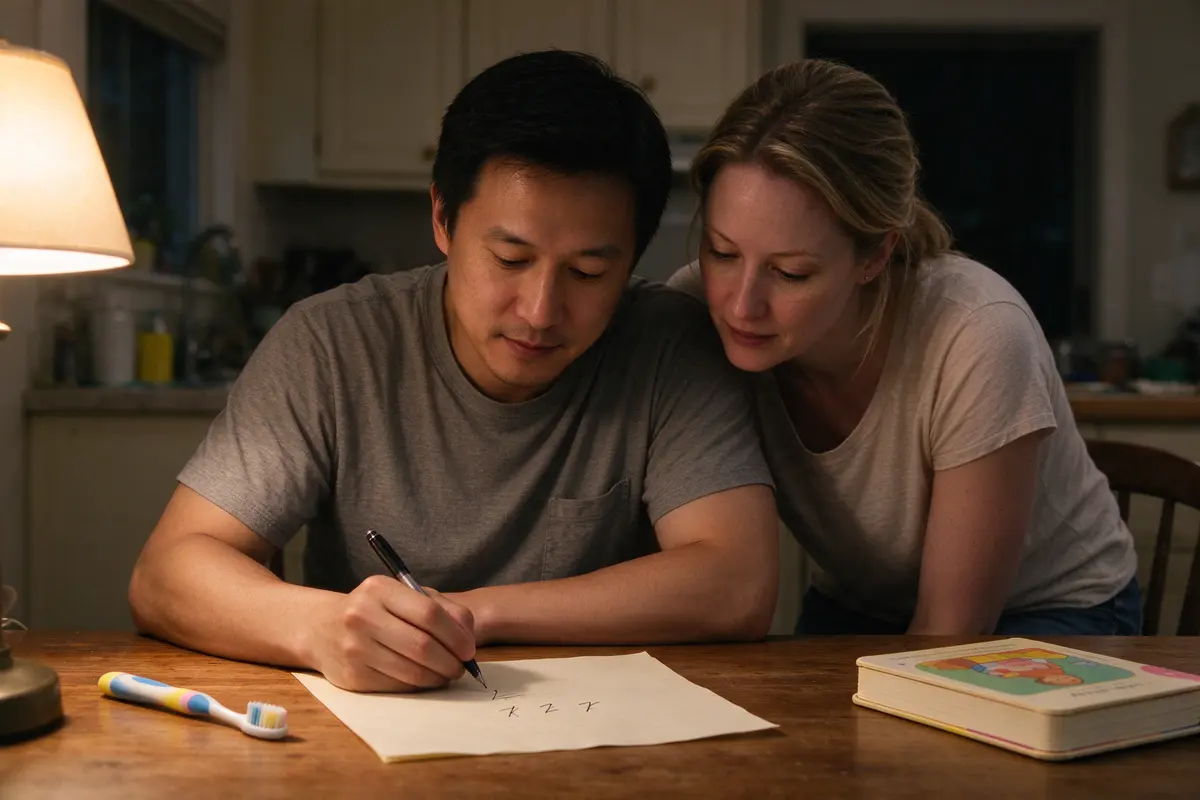 The father writing three short lines on the sheet while the mother reads over his shoulder, a toothbrush and a board book on the table beside the paper, lamp light.
