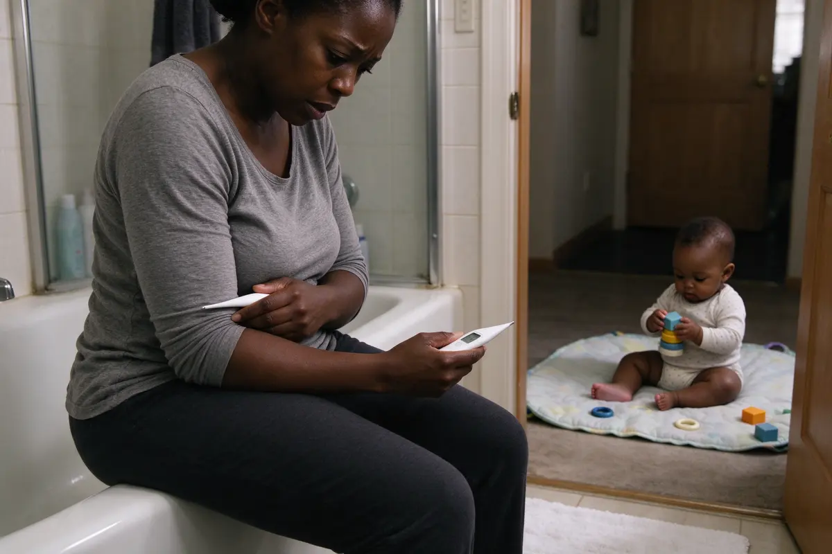 The mother sitting on the edge of the bathtub with the same thermometer under her own arm, looking at the display, the baby playing on a mat in the hall doorway.