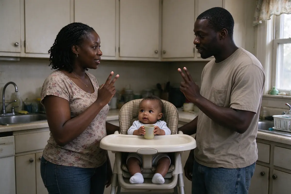 The mother and father standing in the kitchen on a well day, facing each other and counting on their fingers as they talk, the baby in a buckled high chair between them with a cup.