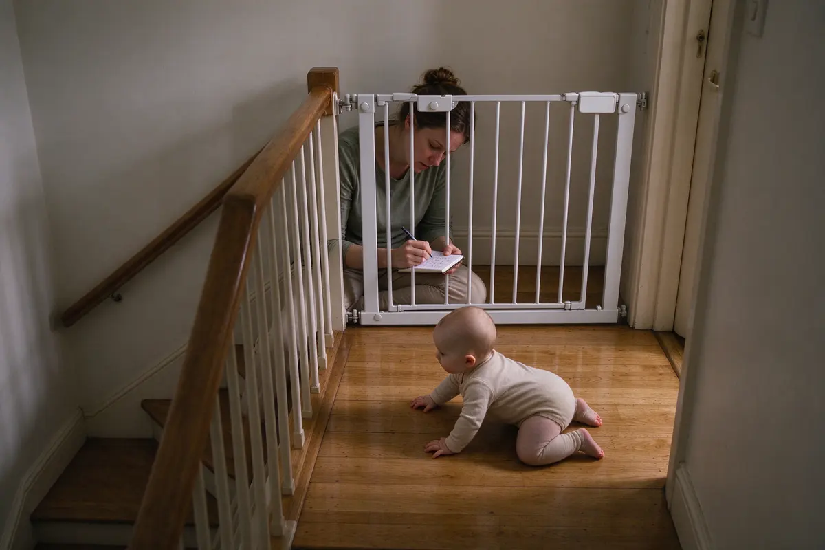 The mother sitting at the top of the stairs behind a closed hardware-mounted gate in evening light, crossing items off her half of the list, the baby crawling toward her on the landing.