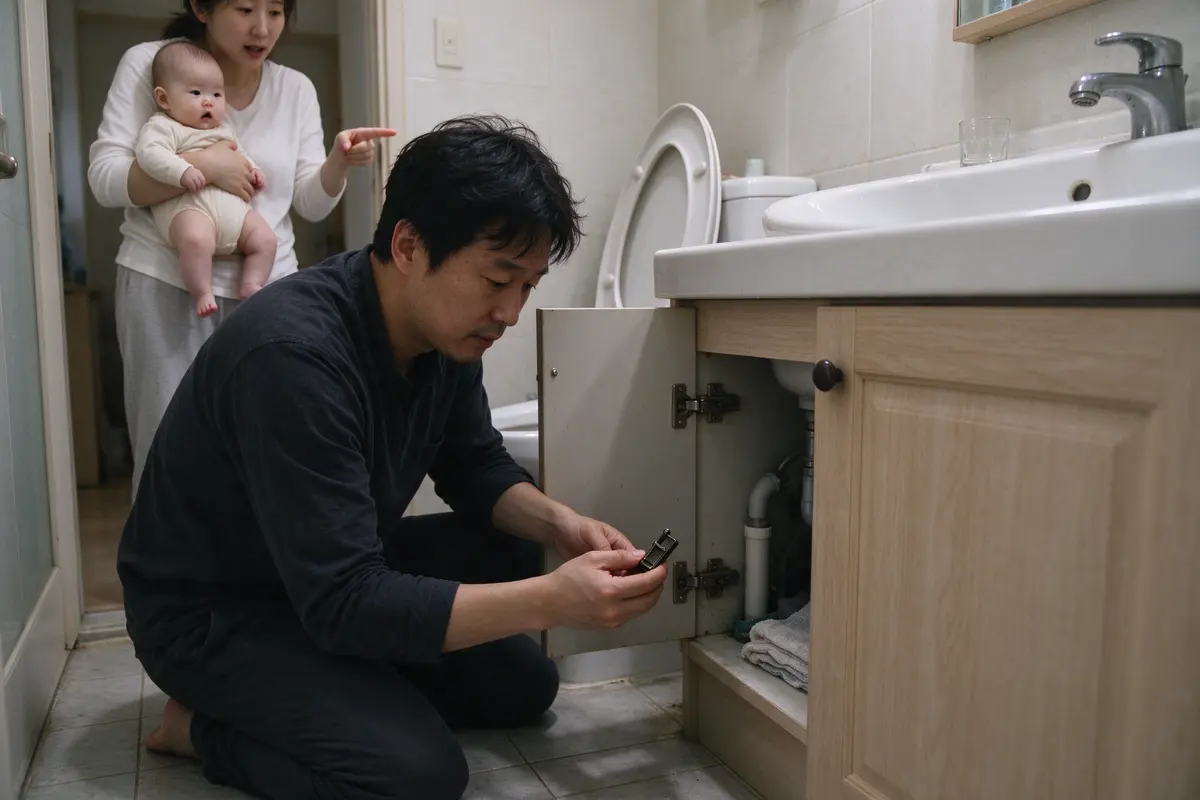 The father kneeling on a bathroom floor at eye level with the cabinet under the sink, a latch in hand, the mother in the hall holding the baby on her hip and pointing at the toilet lid.