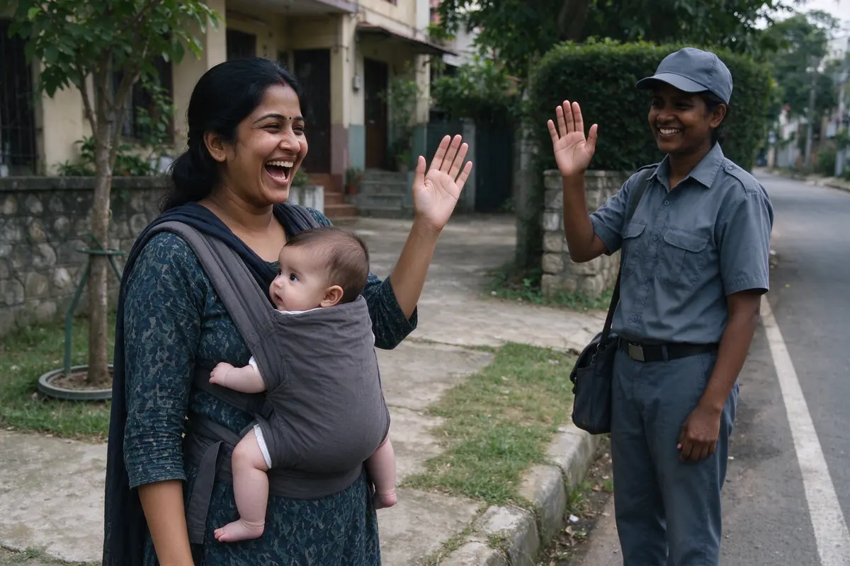 The mother on a neighborhood sidewalk with the baby in a front carrier, waving at a mail carrier across the street, both of them mid-wave and the mother laughing.
