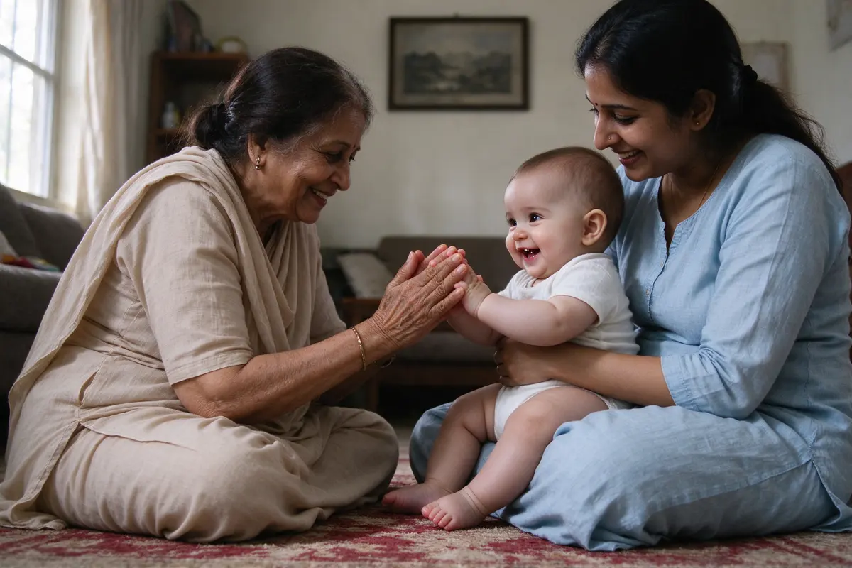The grandmother sitting cross-legged on a living-room rug, clapping the baby's two hands together in pat-a-cake, the baby on the mother's lap facing her and grinning with two bottom teeth showing.