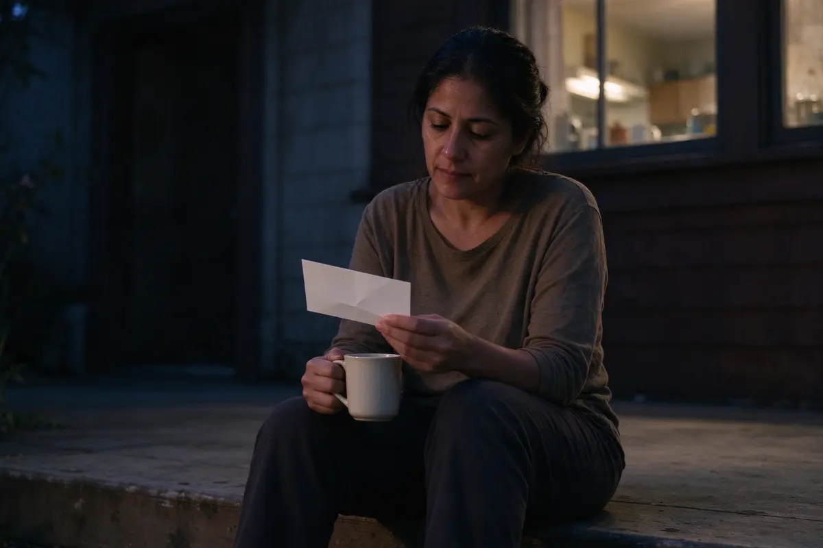 The mother alone on the back step at dusk with a mug, the index card held loosely in her other hand, the kitchen window lit behind her.