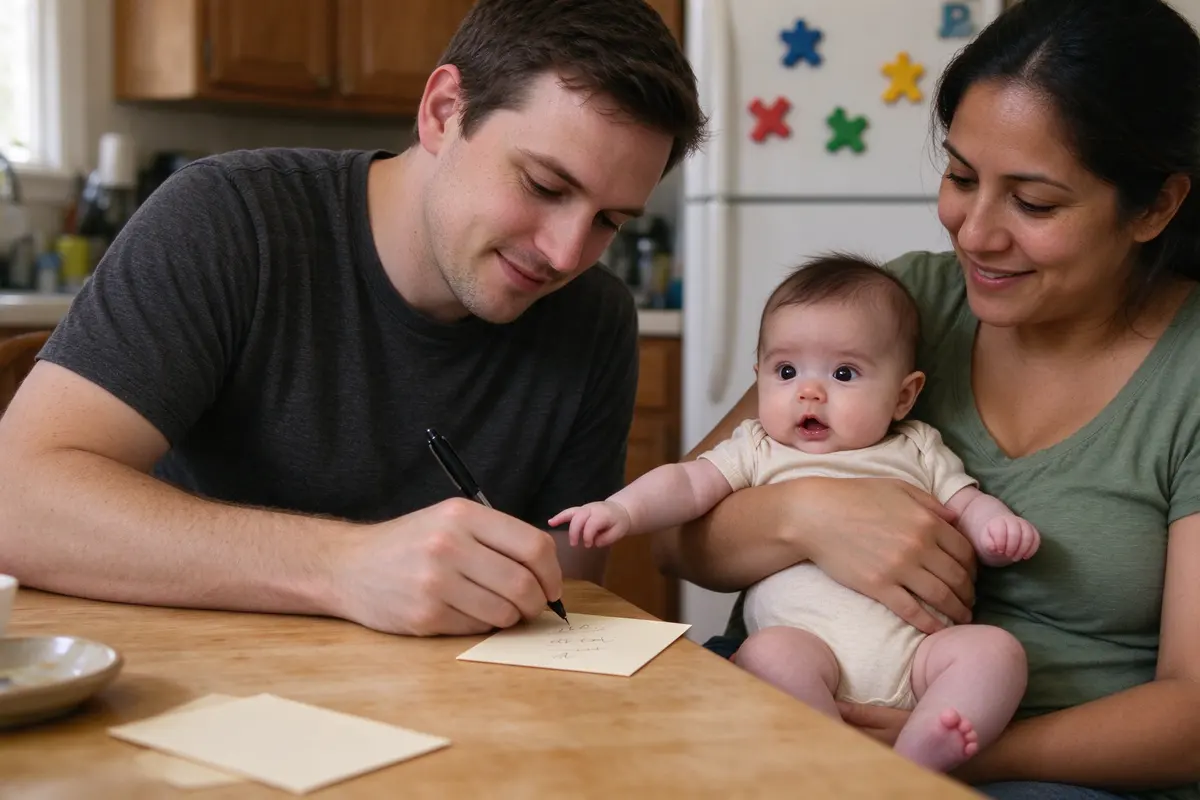 A white father writing three short lines on an index card at the kitchen table, the mother beside him holding the baby, who is reaching for the pen, a magnet and the fridge door behind them.