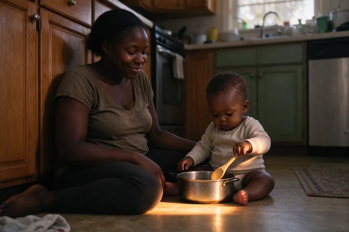 The mother leaning back against the kitchen cabinets with her eyes closed and a small smile, the baby beside her still drumming, late sun on the floor between them.