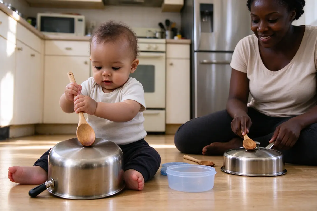 The baby banging a wooden spoon on an upturned pot on the floor, a plastic container and a second spoon beside them, the mother cross-legged opposite with her own spoon on a saucepan lid.
