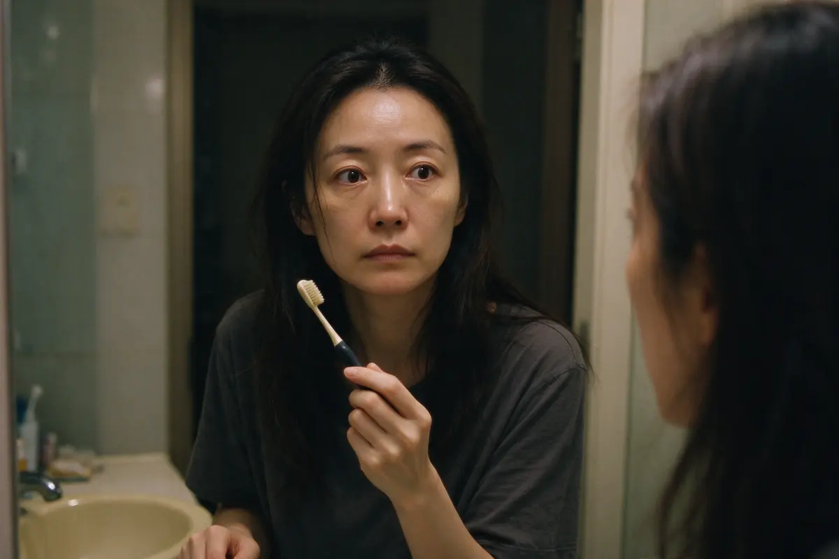 The mother alone at a bathroom mirror in the evening, hair down, looking at herself steadily with a neutral tired face, a toothbrush in one hand.