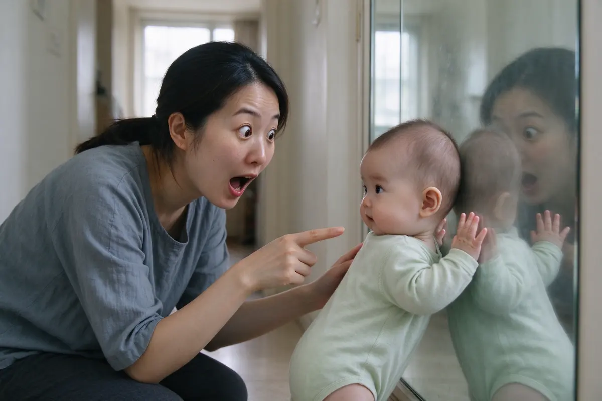 The mother and baby close to the mirror, the mother pointing at the baby's reflection and making an exaggerated surprised face, the baby patting the glass with both hands.