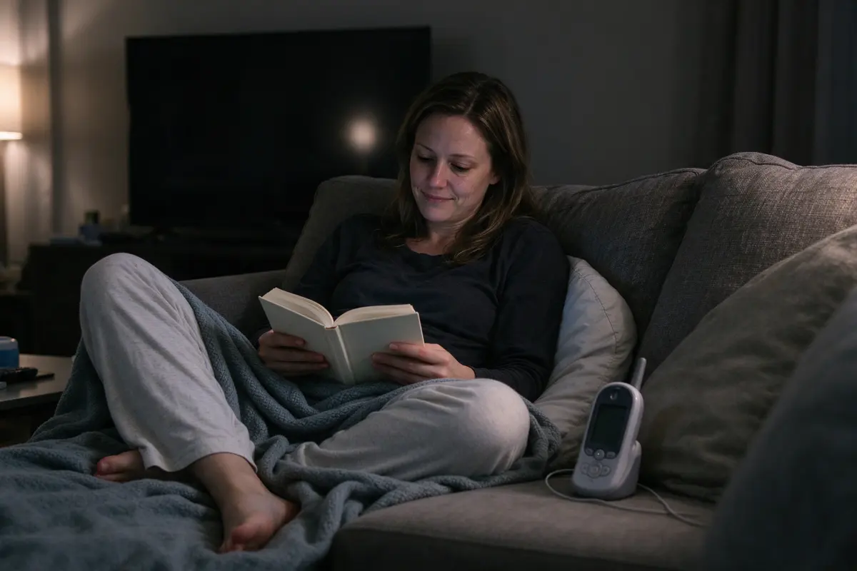The mother alone on the sofa at night with a paperback open, the television dark behind her, a baby monitor on the armrest and her feet tucked under a blanket.