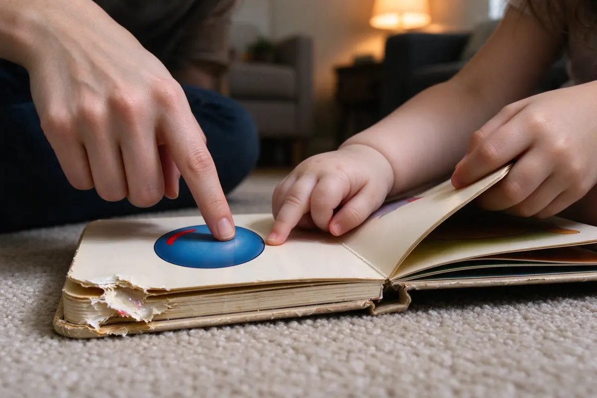Close on the open board book, the mother's finger on a picture of a ball and the baby's finger landing beside it, the corner of the page chewed soft, the sibling's hand turning the next page.