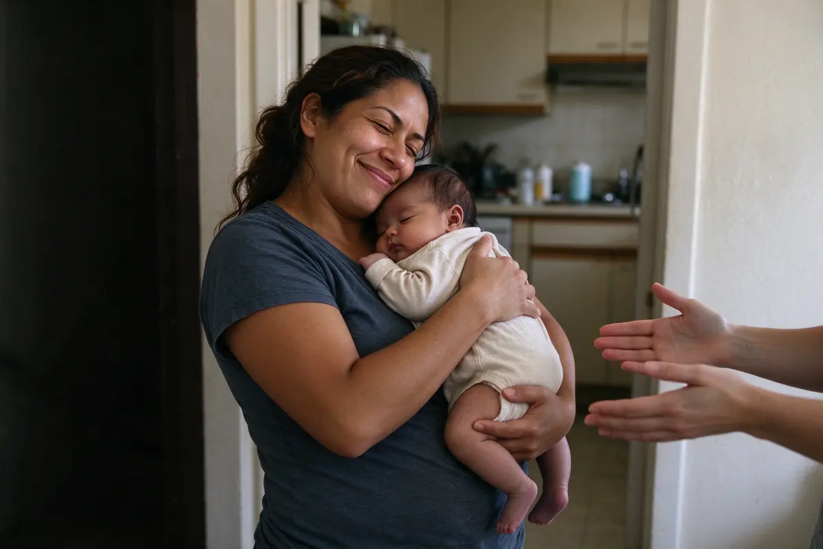 The mother standing in the kitchen doorway holding the baby against her shoulder, shaking her head gently with a kind smile at someone off frame with outstretched arms.
