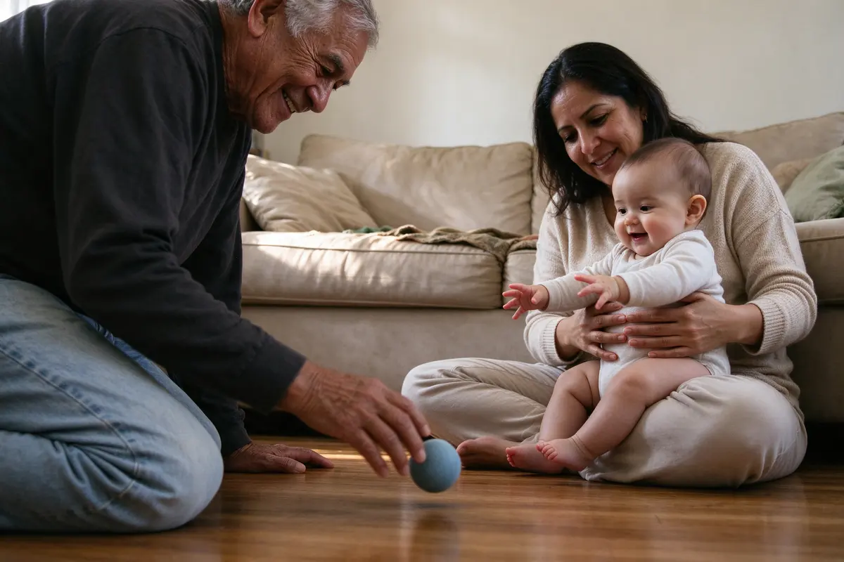 The grandfather now on the floor a few feet away rolling a soft ball toward the baby, who sits on the mother's lap and reaches for it, the mother's hands loose around the baby's middle.