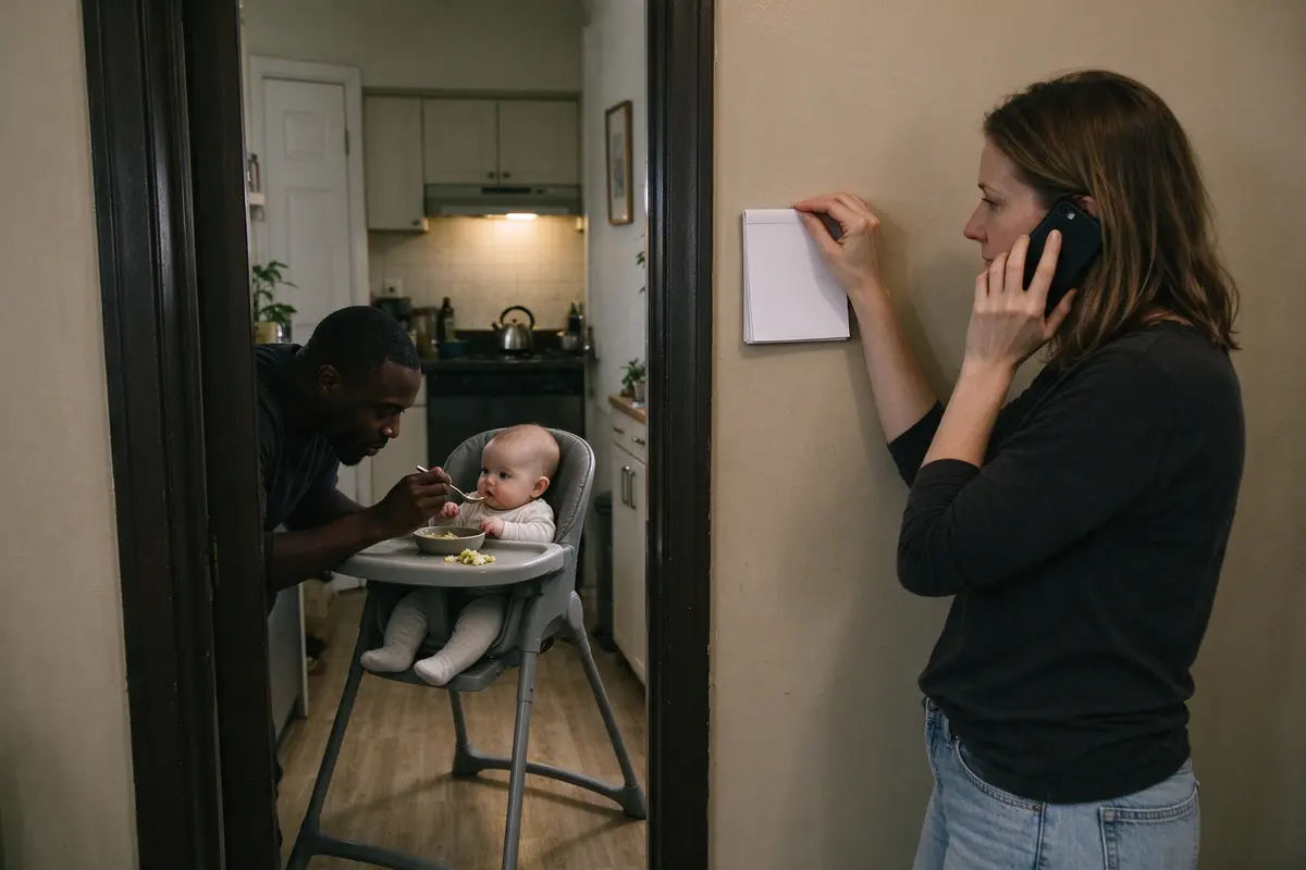 The mother on the phone in the hallway, calm and listening, the notepad against the wall under her other hand, the father visible through the doorway feeding the baby in a high chair.