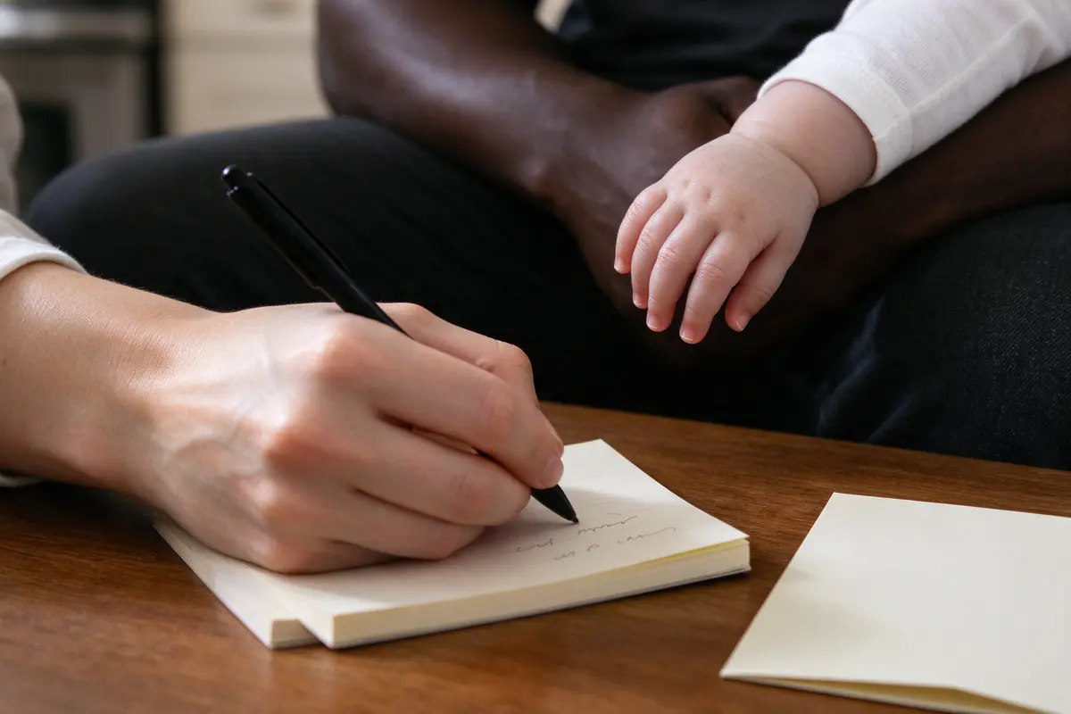 Close on the notepad with two short handwritten questions and a folded vaccine record card beside it, the mother's hand holding the pen, the baby's hand reaching into frame from the father's lap.