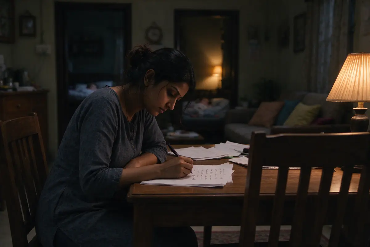 The mother alone at the same table after the baby is down, writing one more line at the bottom of the list, the father's empty chair pushed back and the lamp the only light.