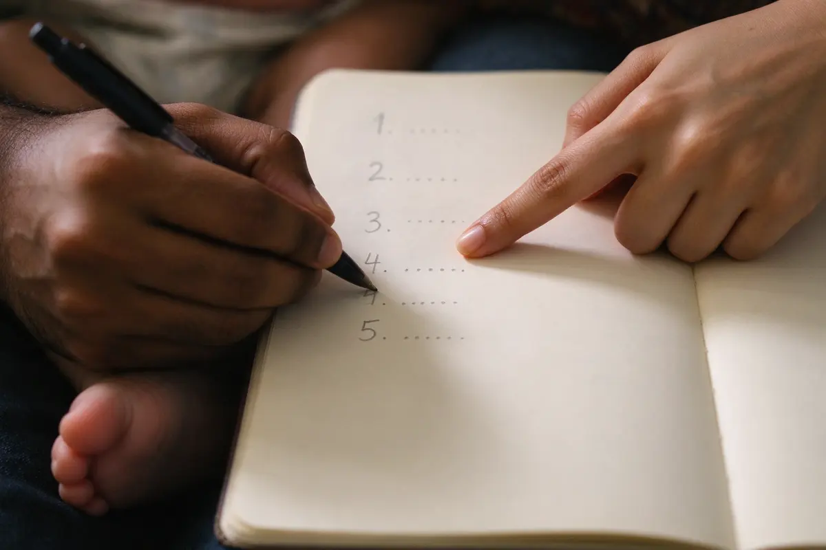 Close on the notebook page with five numbered handwritten questions, the father's pen on the fifth, the mother's finger tapping the second, the baby's foot in the corner of the frame.