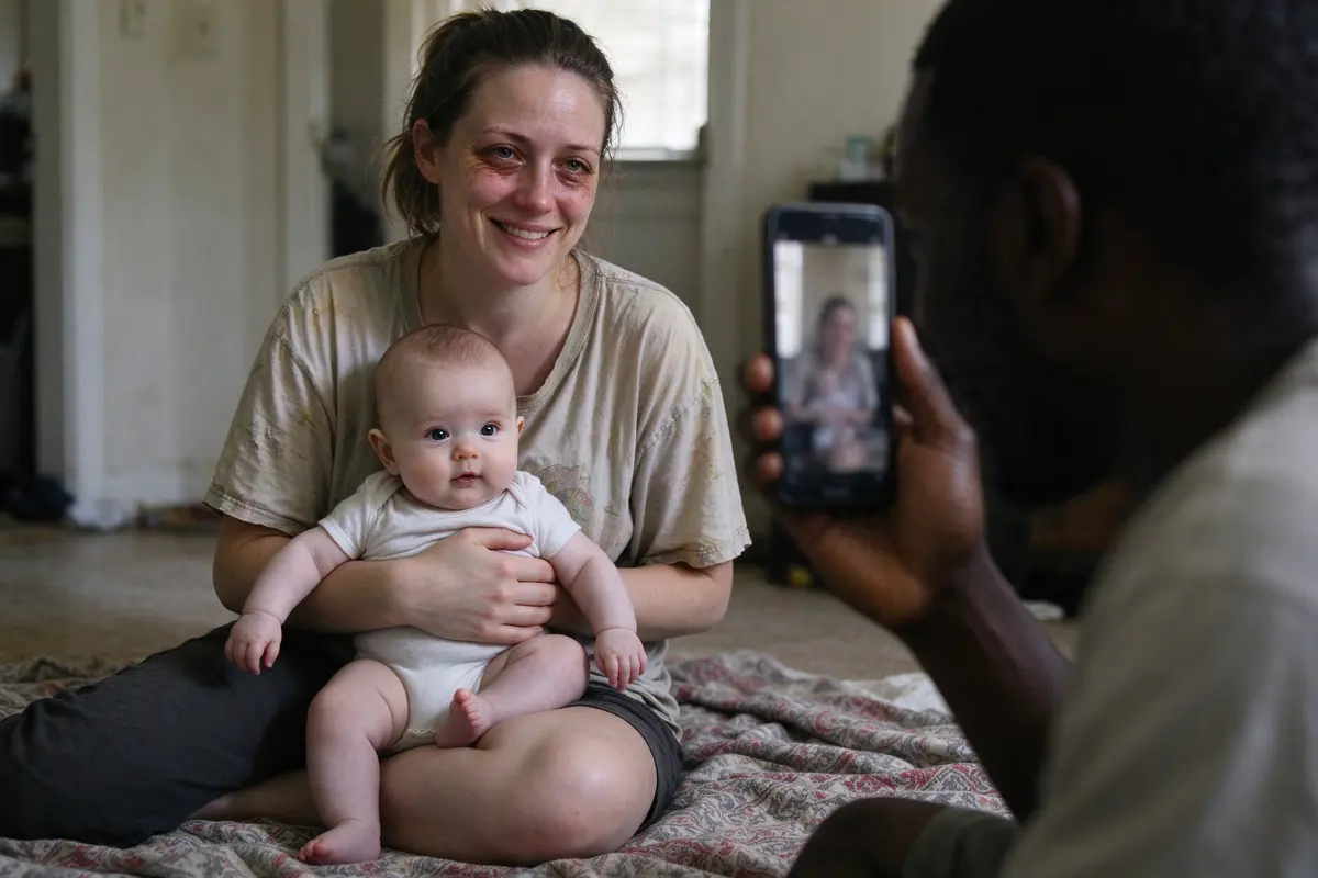 The mother on the blanket with the baby on her lap, hair tied back in an old T-shirt, looking straight at the camera with a tired, real smile while the father takes the picture.