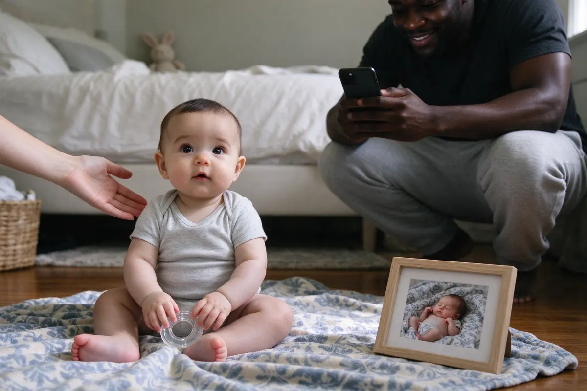 The baby sitting alone on the patterned blanket beside a framed newborn photo in the same spot, the mother's hand just out of frame ready to catch, the father crouched low with the phone.