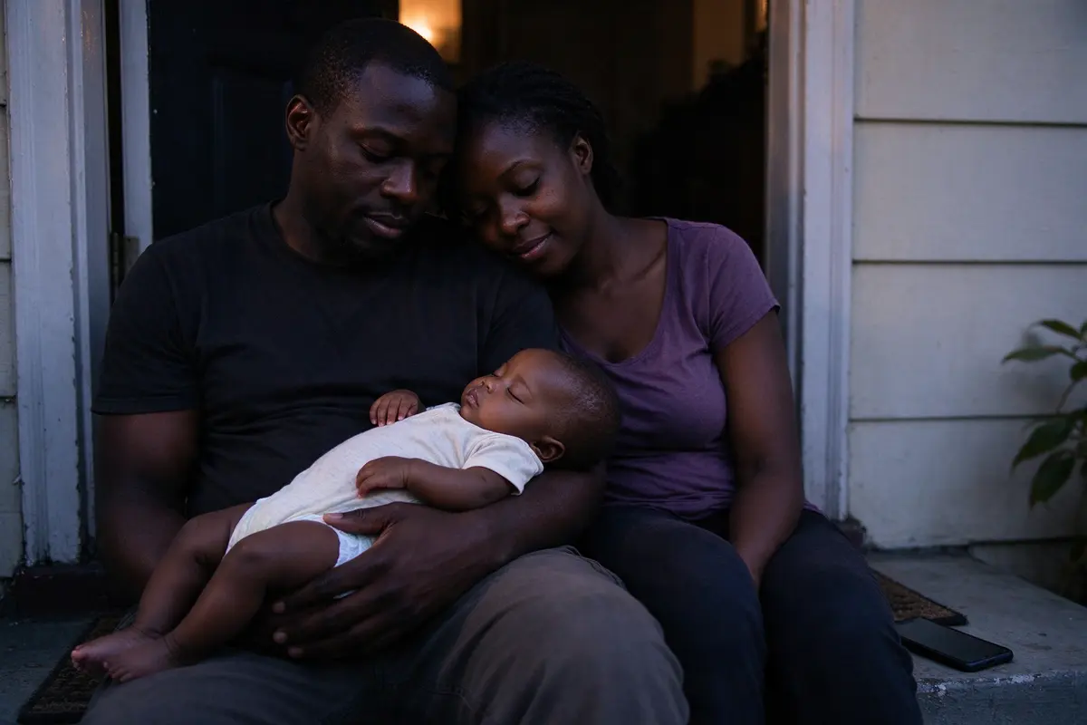 The mother and a Black father on their front step at dusk, the baby asleep on the father's chest, the mother leaning on his shoulder with her phone face down beside her.